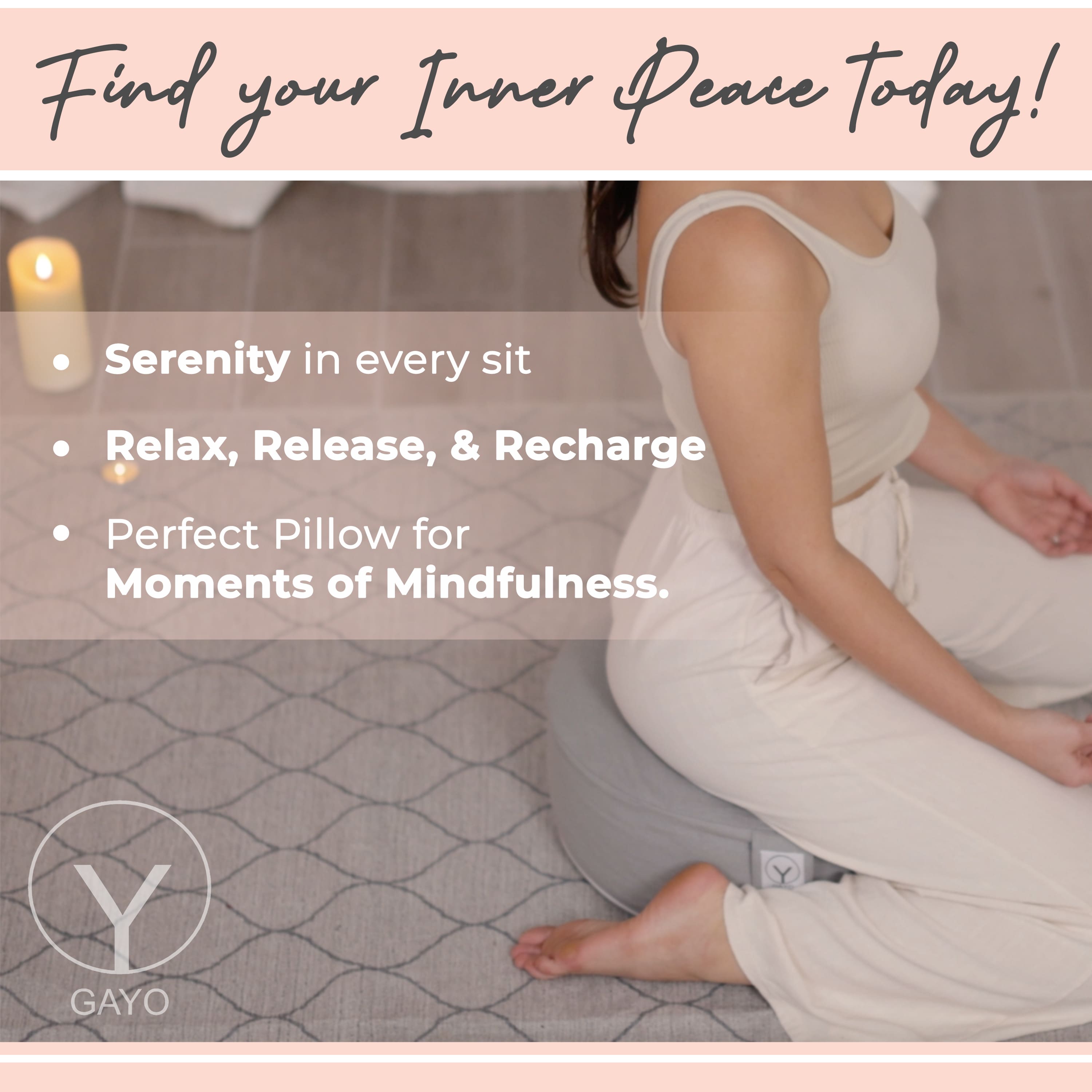 Person sitting on a cushion with text promoting inner peace and mindfulness.