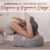 Person using a gray ergonomic pillow with text about cushioning well-being.