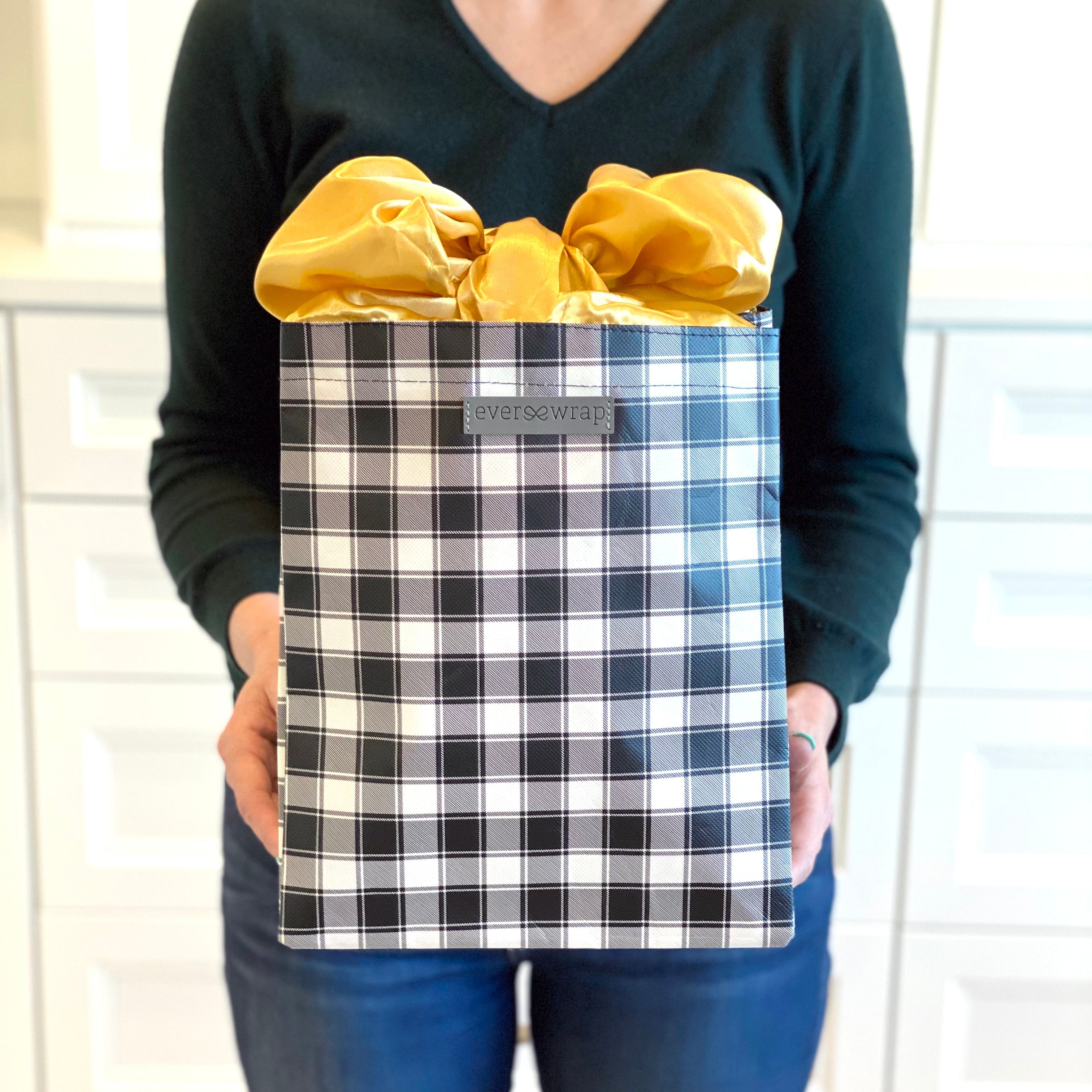 EverBag reusable buffalo check gift bag standing upright showing full pattern