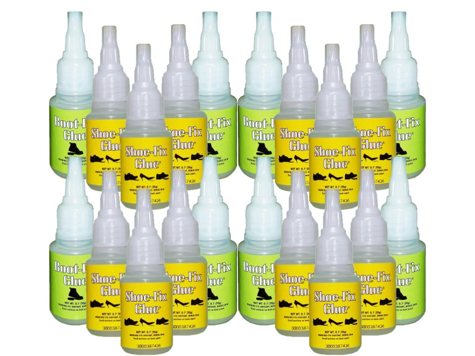 Bulk user 20-pack of Boot-Fix and Shoe-Fix adhesive glue bottles for professional shoe repair