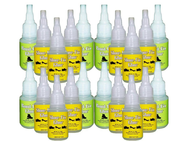Bulk user 20-pack of Boot-Fix and Shoe-Fix adhesive glue bottles for professional shoe repair