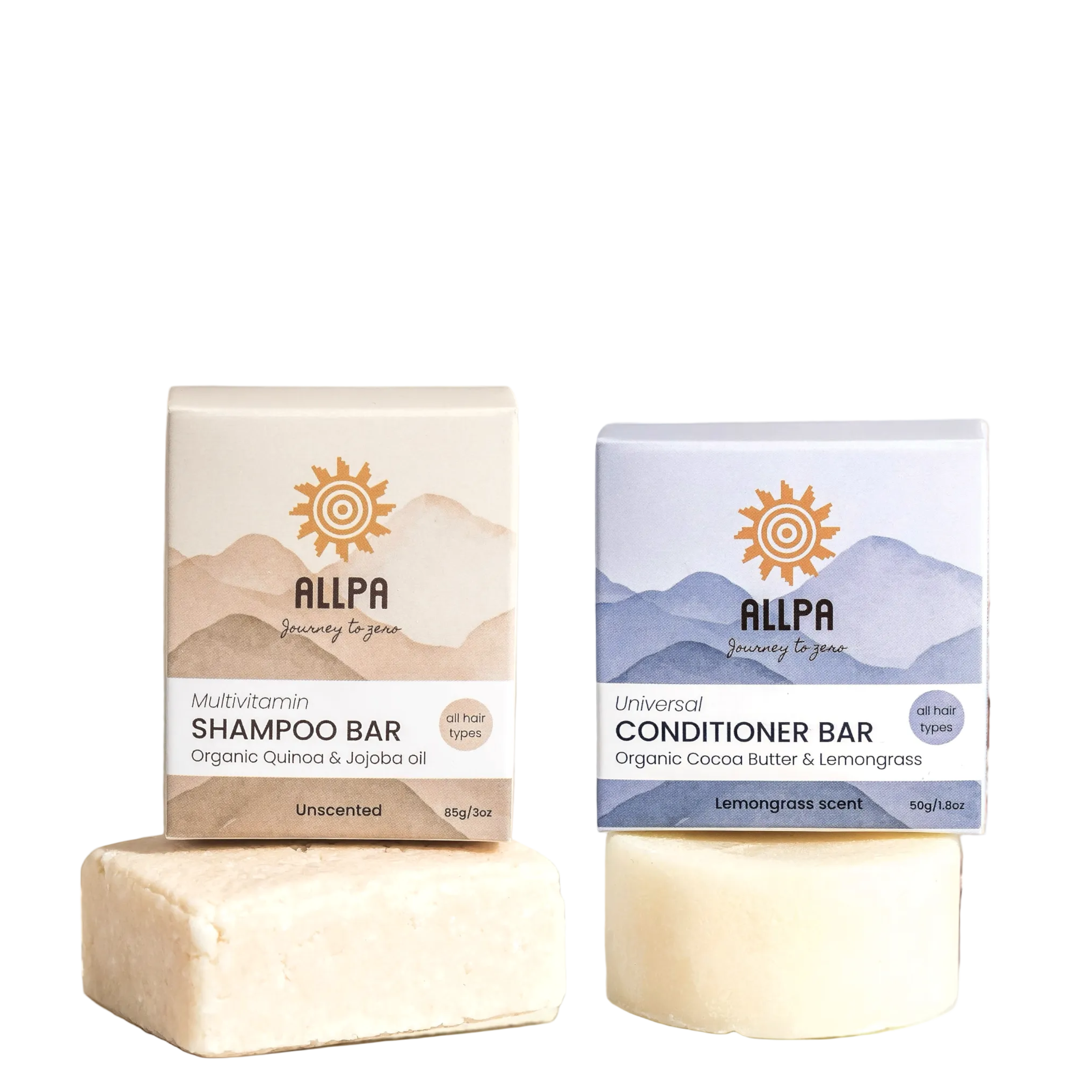 Allpa shampoo and conditioner bars with packaging on a light background