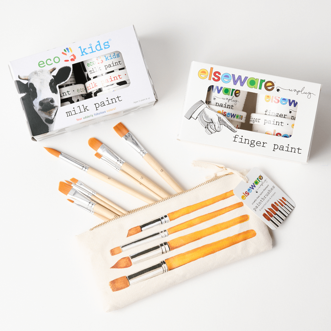 Creative Painting Bundle for kids with natural finger paint, milk paint, and paintbrush set in a reusable canvas bag