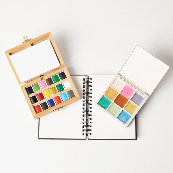Watercolor Essentials Bundle with bamboo case, metallic watercolors, and cotton rag paper pad by elseware unplug