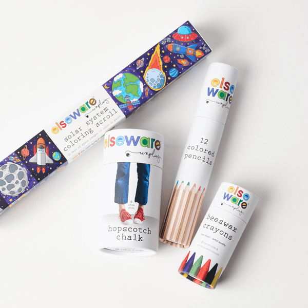 Outdoor Art Bundle with hopscotch chalk, triangle beeswax crayons, solar coloring scroll, and tall colored pencils by elseware unplug