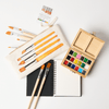 Watercolor travel set bundle with bamboo paint case, 8-piece brush set in canvas bag, and small cotton rag watercolor paper pad