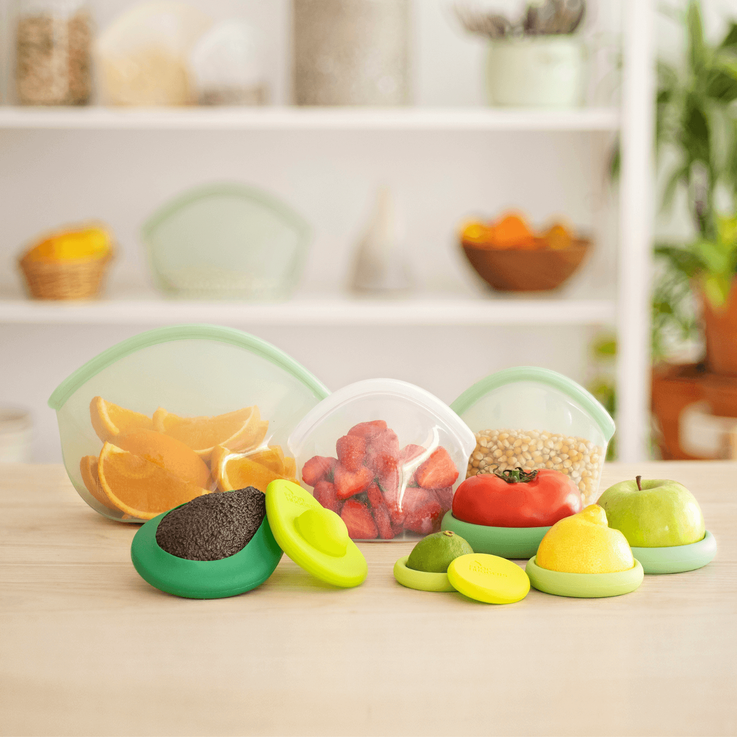 Food Huggers and Avocado Huggers in multiple sizes laid out together as part of the Eco Essentials Bundle