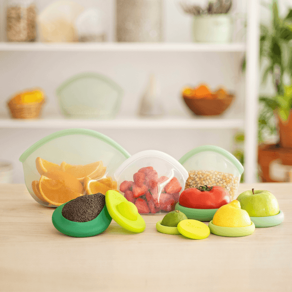 Food Huggers and Avocado Huggers in multiple sizes laid out together as part of the Eco Essentials Bundle