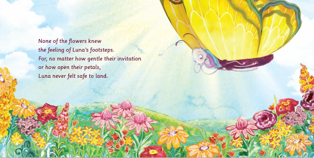 Interior story pages of The Home for Sensitive Butterflies showing Luna the butterfly's journey