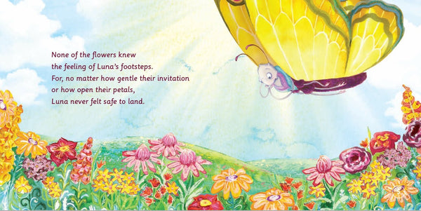 Interior story pages of The Home for Sensitive Butterflies showing Luna the butterfly's journey