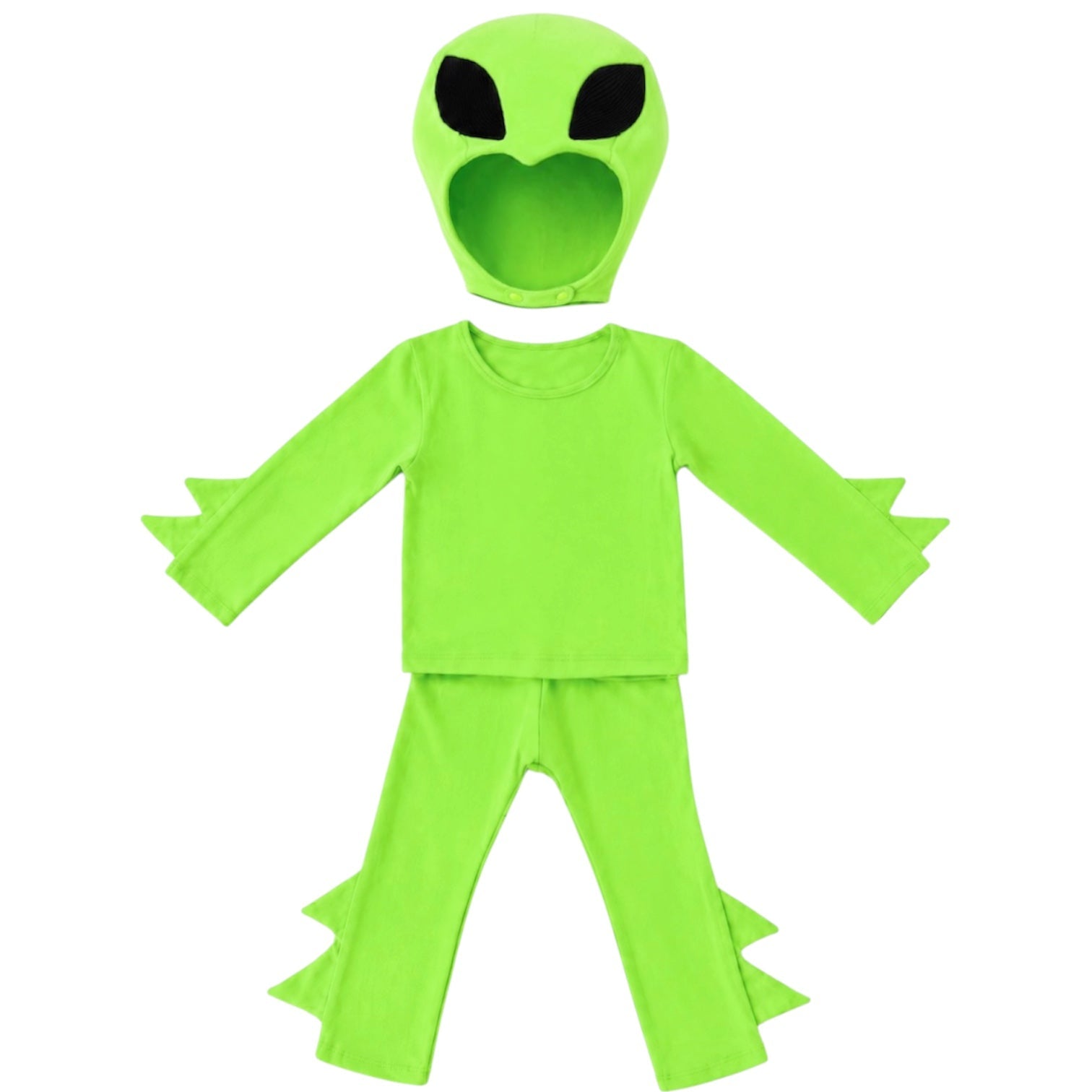 Baby Cosmic Green Alien costume shown with wrist guards and boot covers