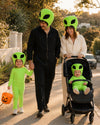 Full view of the Baby Cosmic Green Alien costume laid flat showing all details