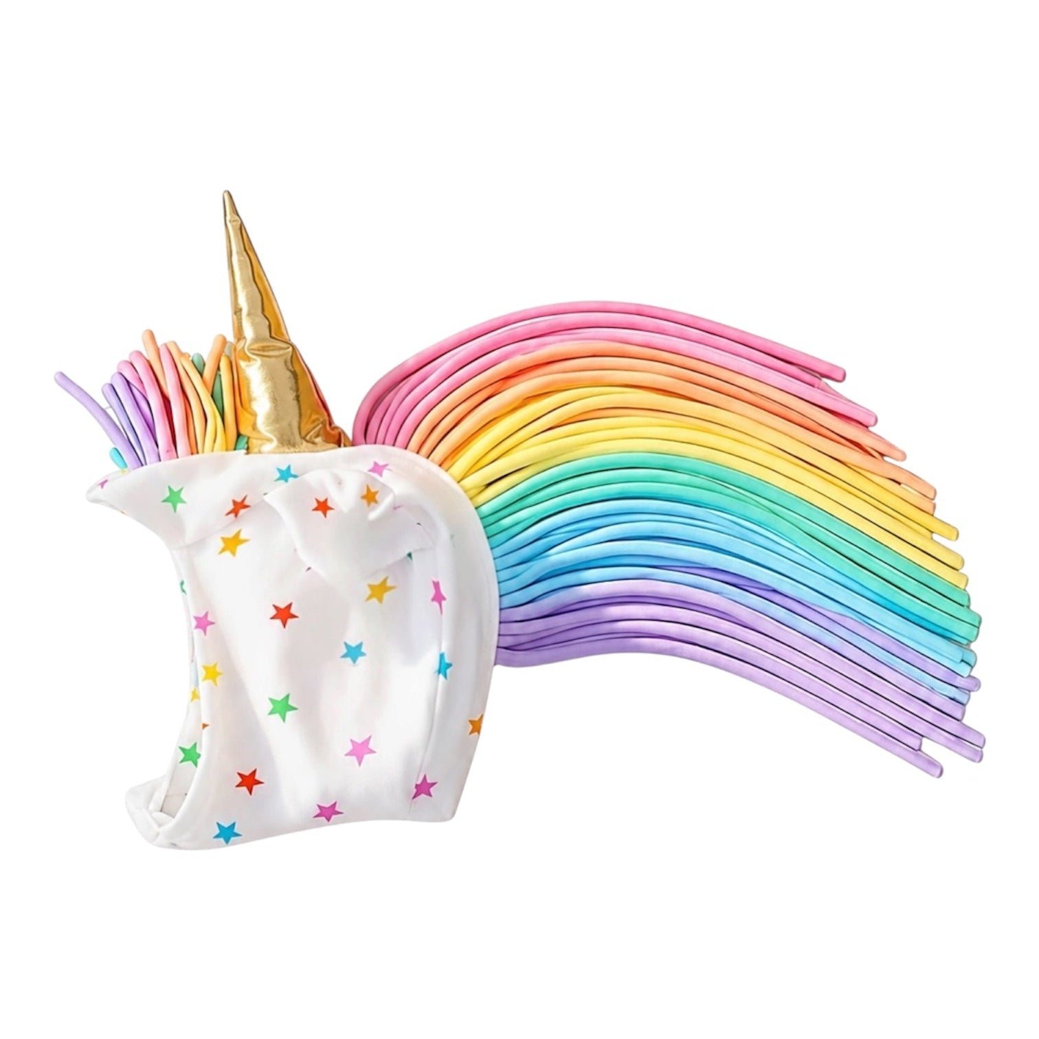 Star unicorn hat with rainbow mane and golden horn, handmade from recycled cotton by Band of the Wild