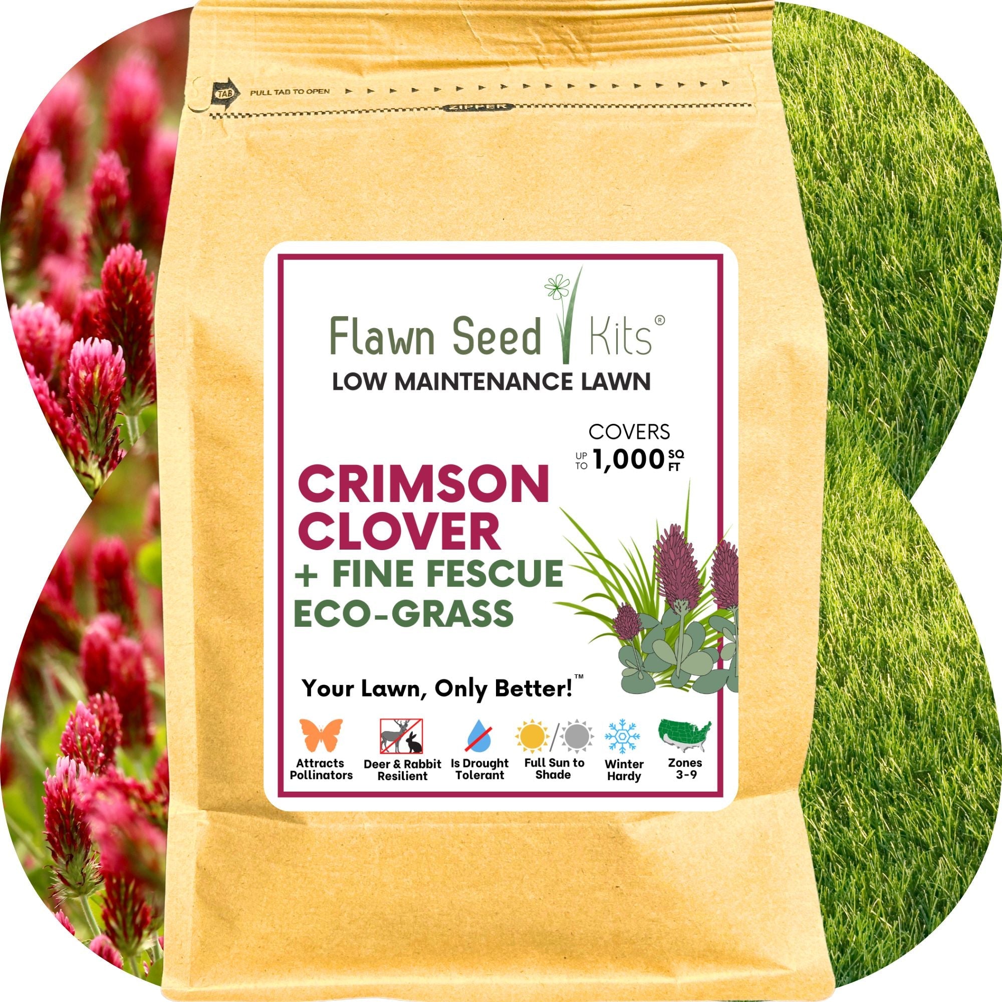 Crimson Clover + Mow Less Grass Seed – Eco-Friendly Lawn Mix for Pollinators & Low Maintenance