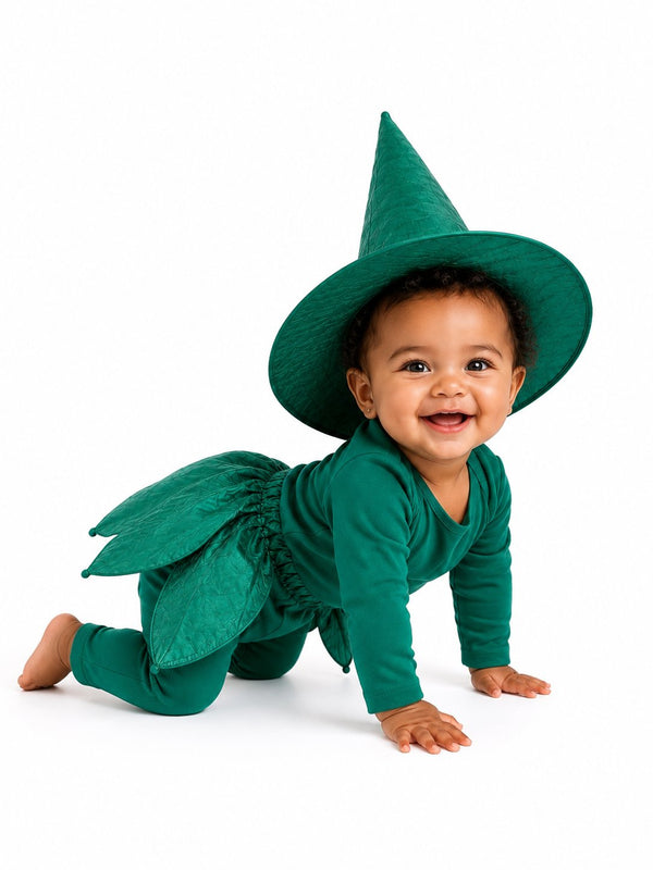 Baby Green Witch Halloween Costume, a five-piece set with witch hat, half skirt and cotton pajamas