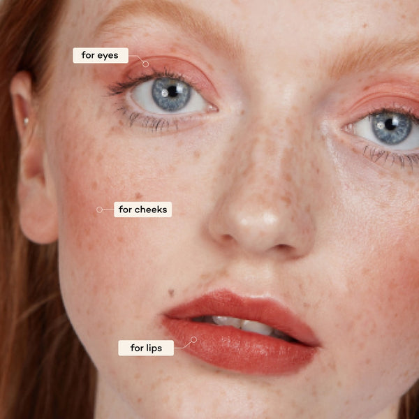 Close-up of a person's face with annotations for makeup application on eyes, cheeks, and lips.