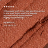 Close-up of brown eye shadow with a five-star rating and review text overlay.