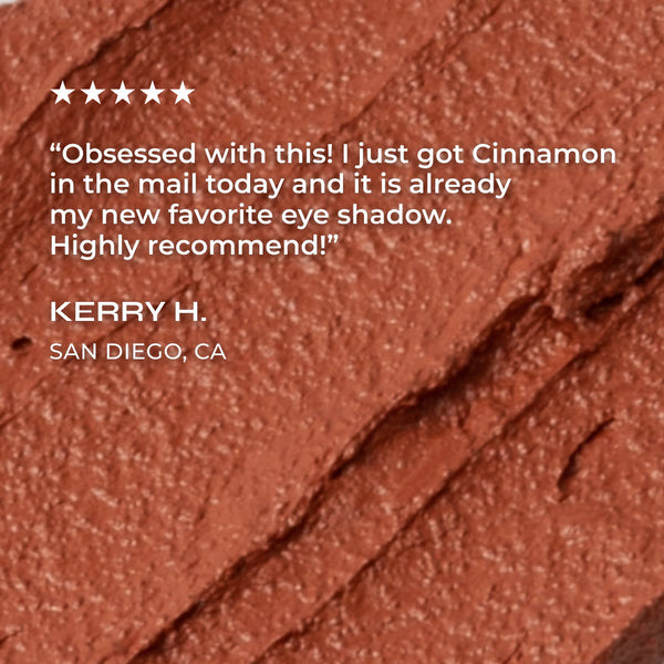 Close-up of brown eye shadow with a five-star rating and review text overlay.