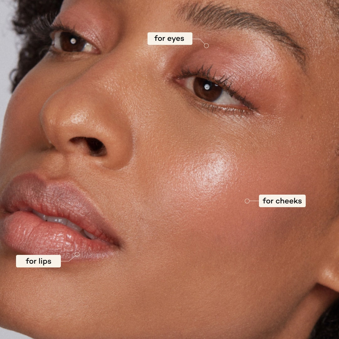 Close-up of a woman's face with makeup application points labeled for eyes, cheeks, and lips.