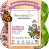 Flawn Seed Kits Common Milkweed seed packet with butterfly and plant illustration. Non-GMO Common Milkweed seeds in compostable packaging — support monarch butterflies & native pollinators. Easy to grow, drought-tolerant & zones 3–8. Shop now.