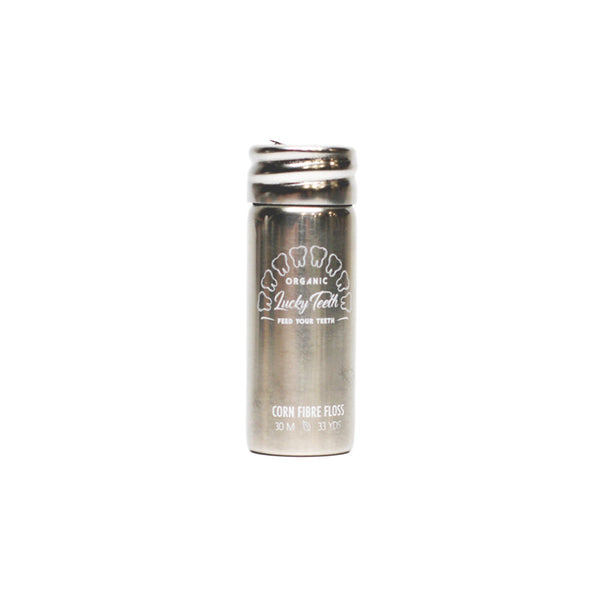 Silver tumbler with branding on a white background