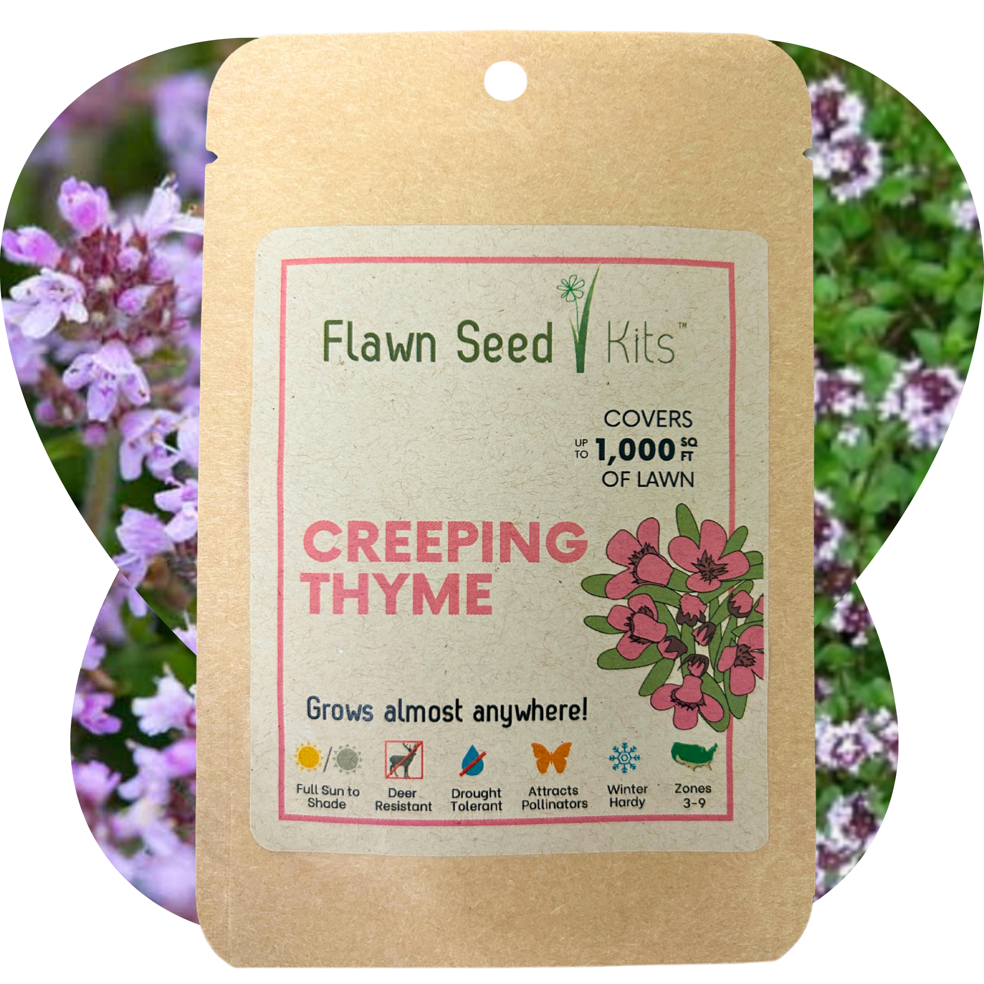 Grow a beautiful Creeping Thyme flowering lawn with our non-GMO seed pouch. Low-growing, pollinator-friendly, low-maintenance, and drought-tolerant. Reduce your carbon footprint. Perfect eco-friendly gift!