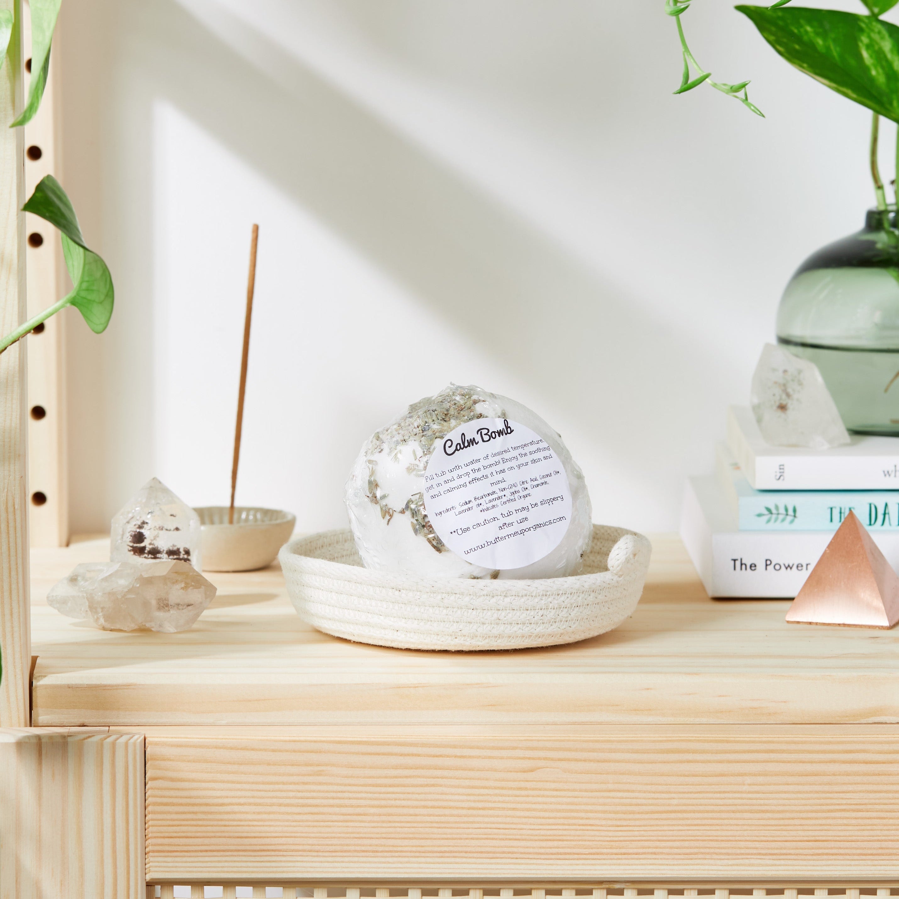 Butter Me Up Organics large calm bath bomb showing organic shea butter and lavender ingredients