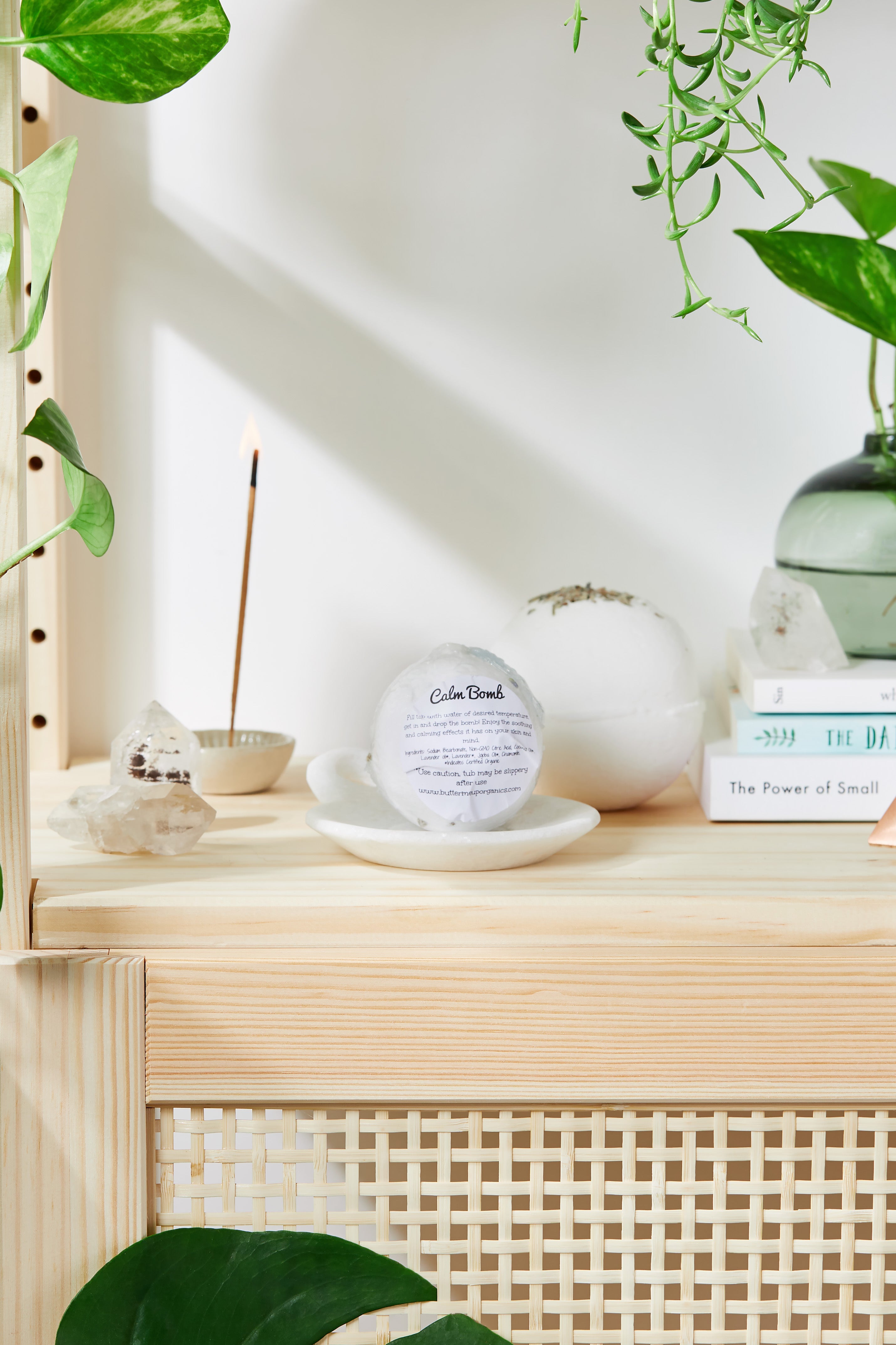 Decorative shelf with a white sphere, books, and plants in a bright room.