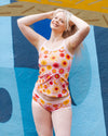 Woman wearing the Luna y Sol Cami in size LG, featuring a retro celestial print by Oregon artist Greta Menzies