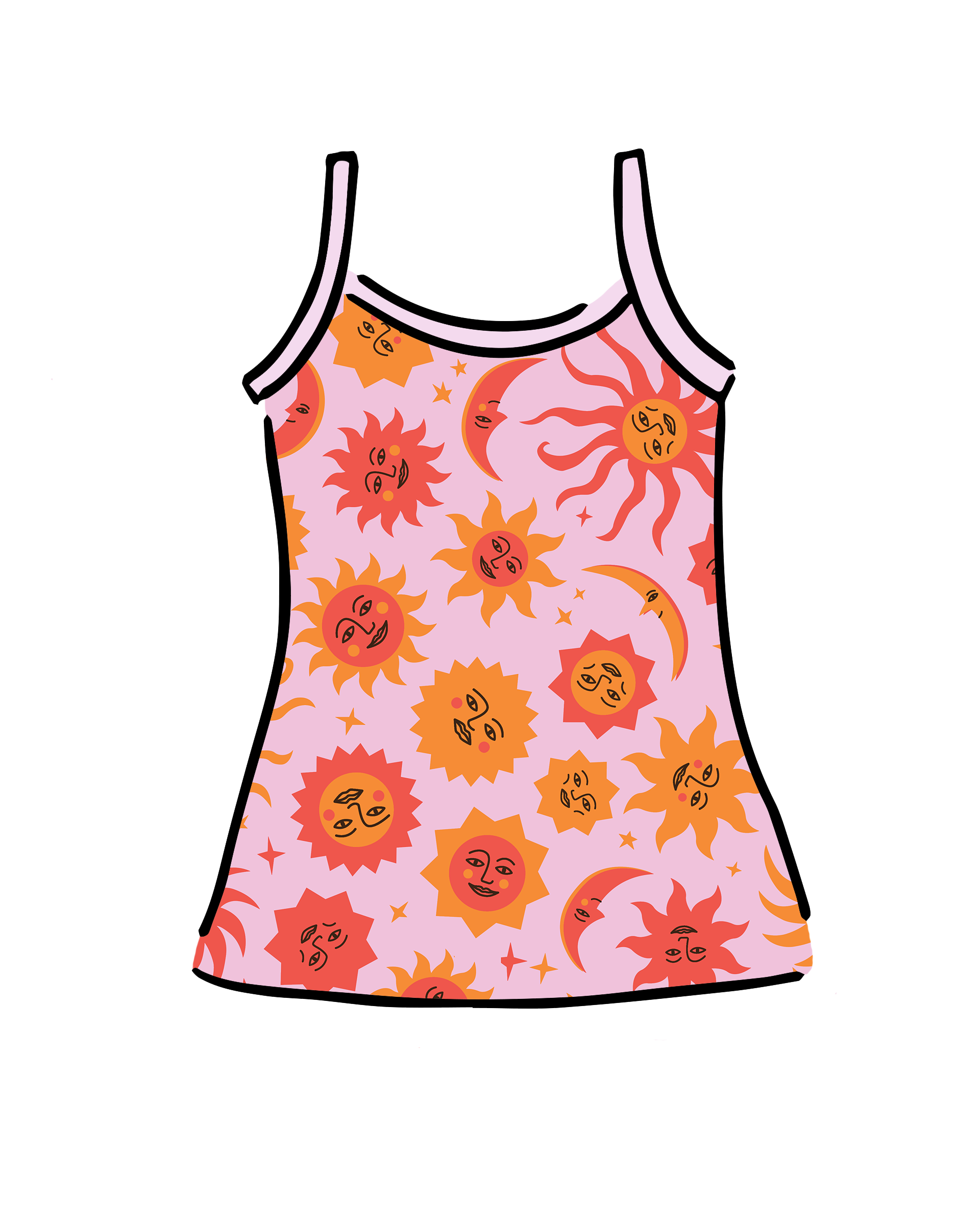 Luna y Sol Cami – celestial sun and moon print camisole by Thunderpants USA, flat lay product view