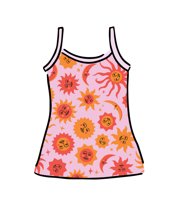 Luna y Sol Cami – celestial sun and moon print camisole by Thunderpants USA, flat lay product view