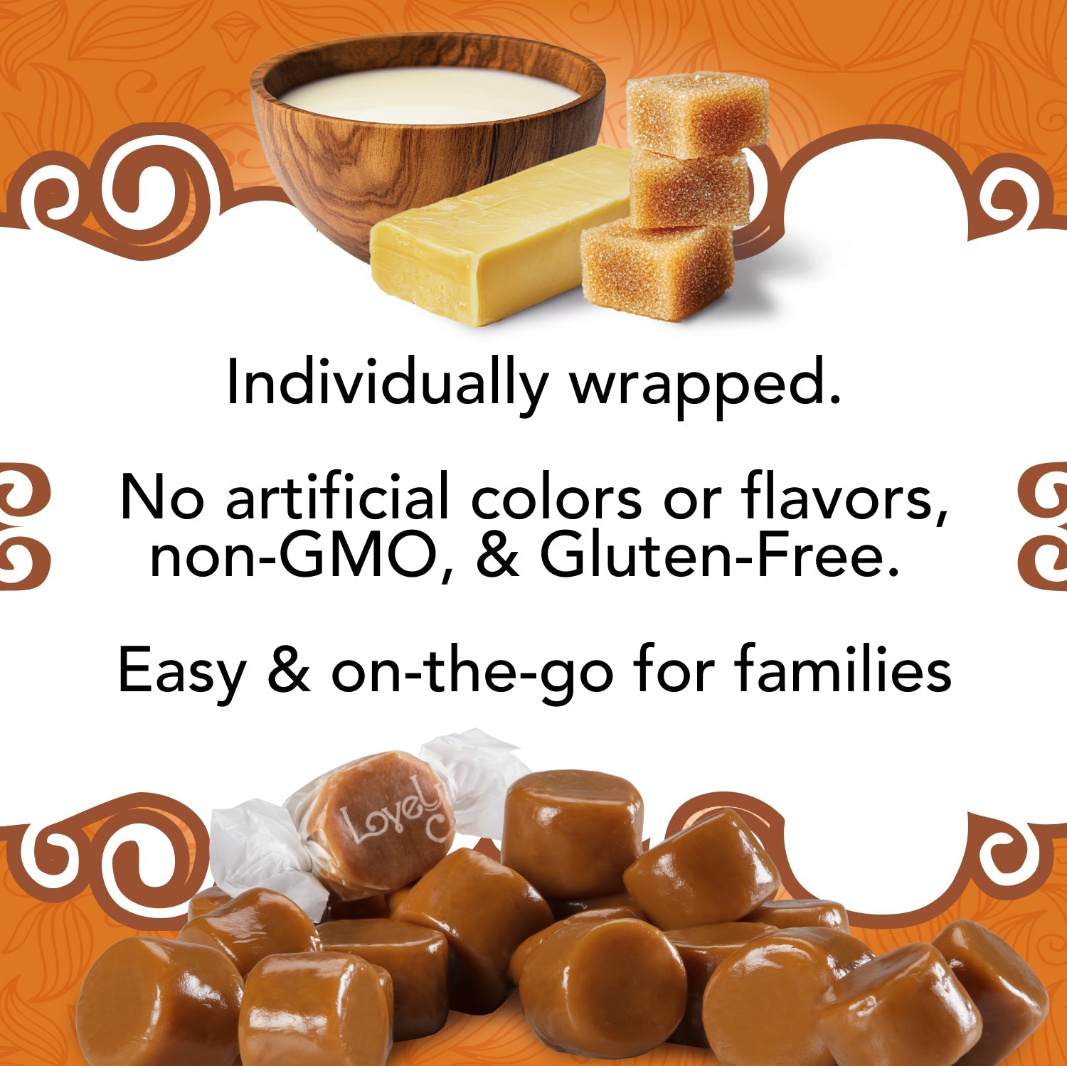 Chart highlighting the benefits of Lovely Candy Co. Original Caramels including Non-GMO and gluten-free