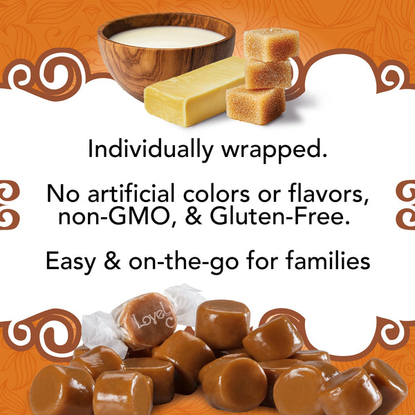 Chart highlighting the benefits of Lovely Candy Co. Original Caramels including Non-GMO and gluten-free