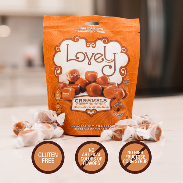 Product claims label for Lovely Candy Co. Original Caramels showing RBST-free and no artificial ingredients