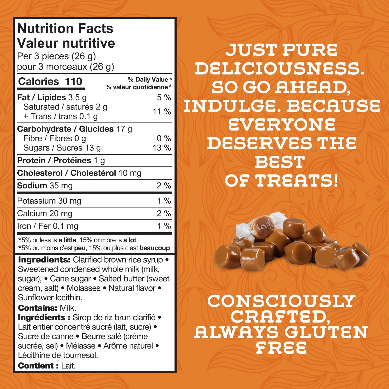 Nutrition facts panel for Lovely Candy Co. Original Caramels