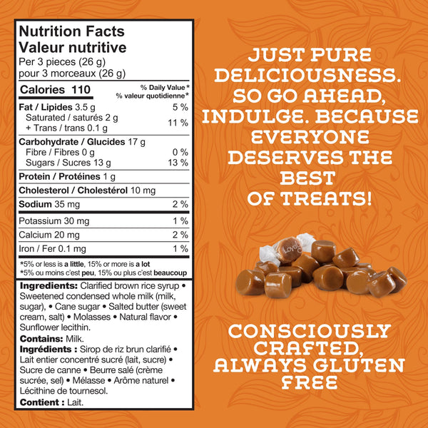 Nutrition facts panel for Lovely Candy Co. Original Caramels