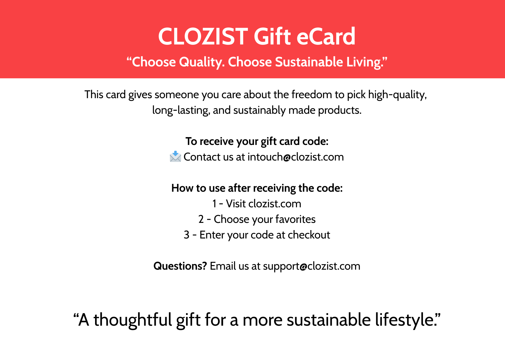 CLOZIST Gift eCard with instructions on how to use it, set against a red and white background.