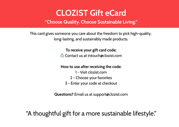 CLOZIST Gift eCard with instructions on how to use it, set against a red and white background.