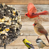 Birdseed mix with cardinals and other birds on a wooden background