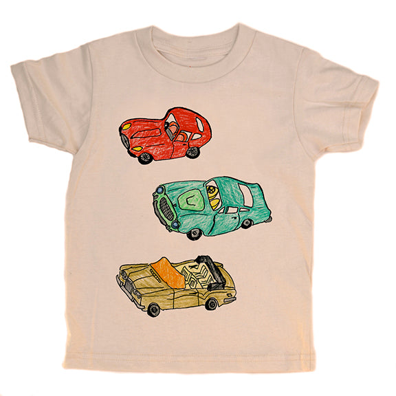 Beige t-shirt with colorful car illustrations on a white background