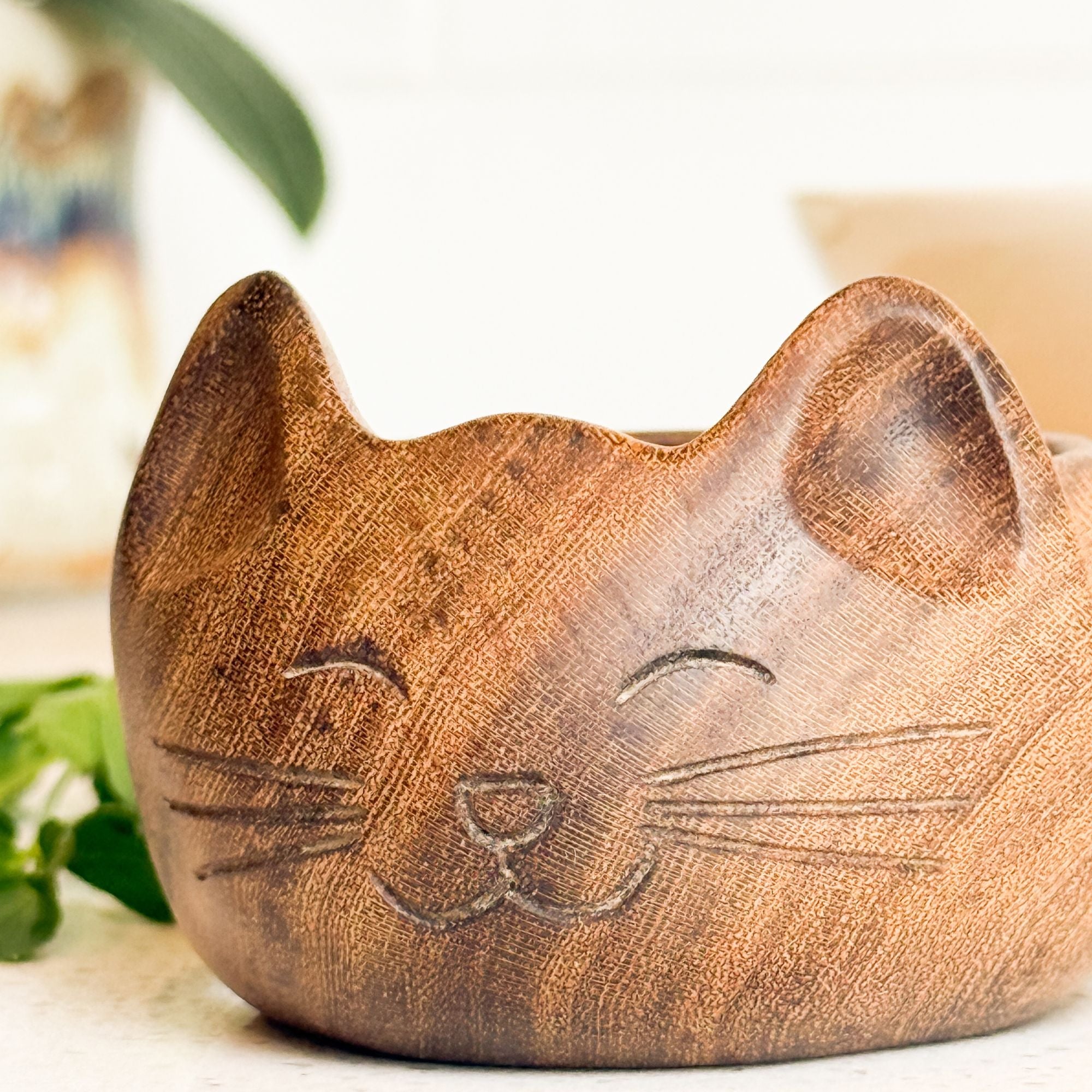 Wooden cat-shaped planter with a blurred background