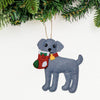 Caught with the Stocking Weimaraner Ornament, a handmade felt gray puppy carrying a Christmas stocking