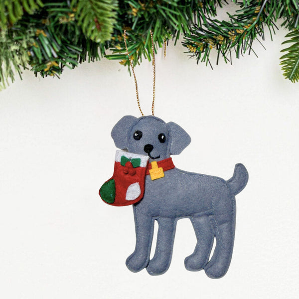 Caught with the Stocking Weimaraner Ornament, a handmade felt gray puppy carrying a Christmas stocking