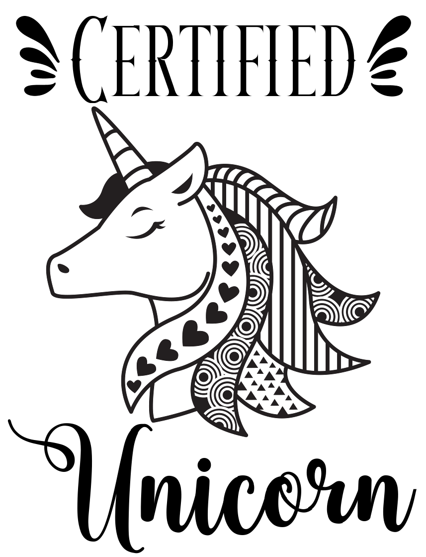 Certified Unicorn design with a decorative unicorn on a white background