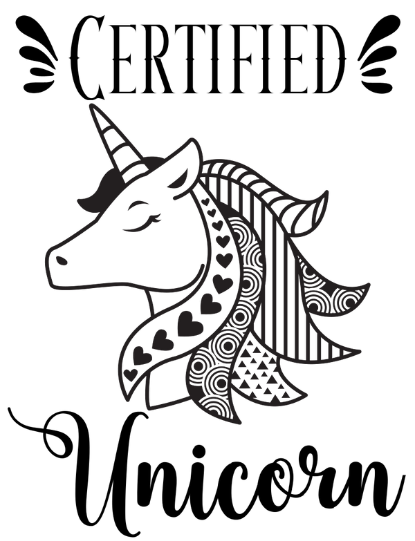 Certified Unicorn design with a decorative unicorn on a white background