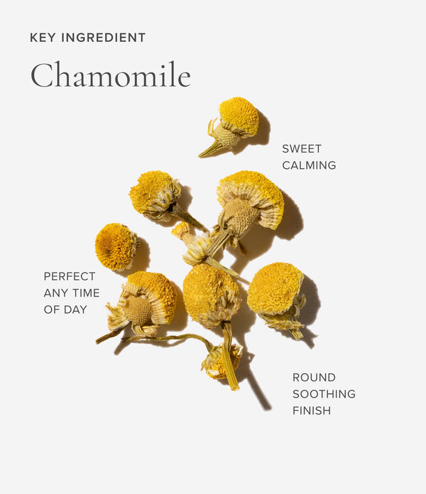 Dried chamomile flowers on a white background with text describing its properties.