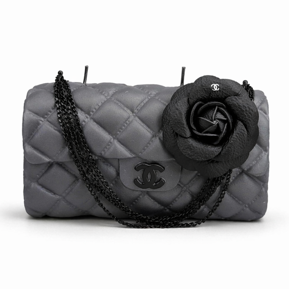Grey Classic and Black Flower Couture luxury scented candle by Onali Pure with couture-inspired black floral design
