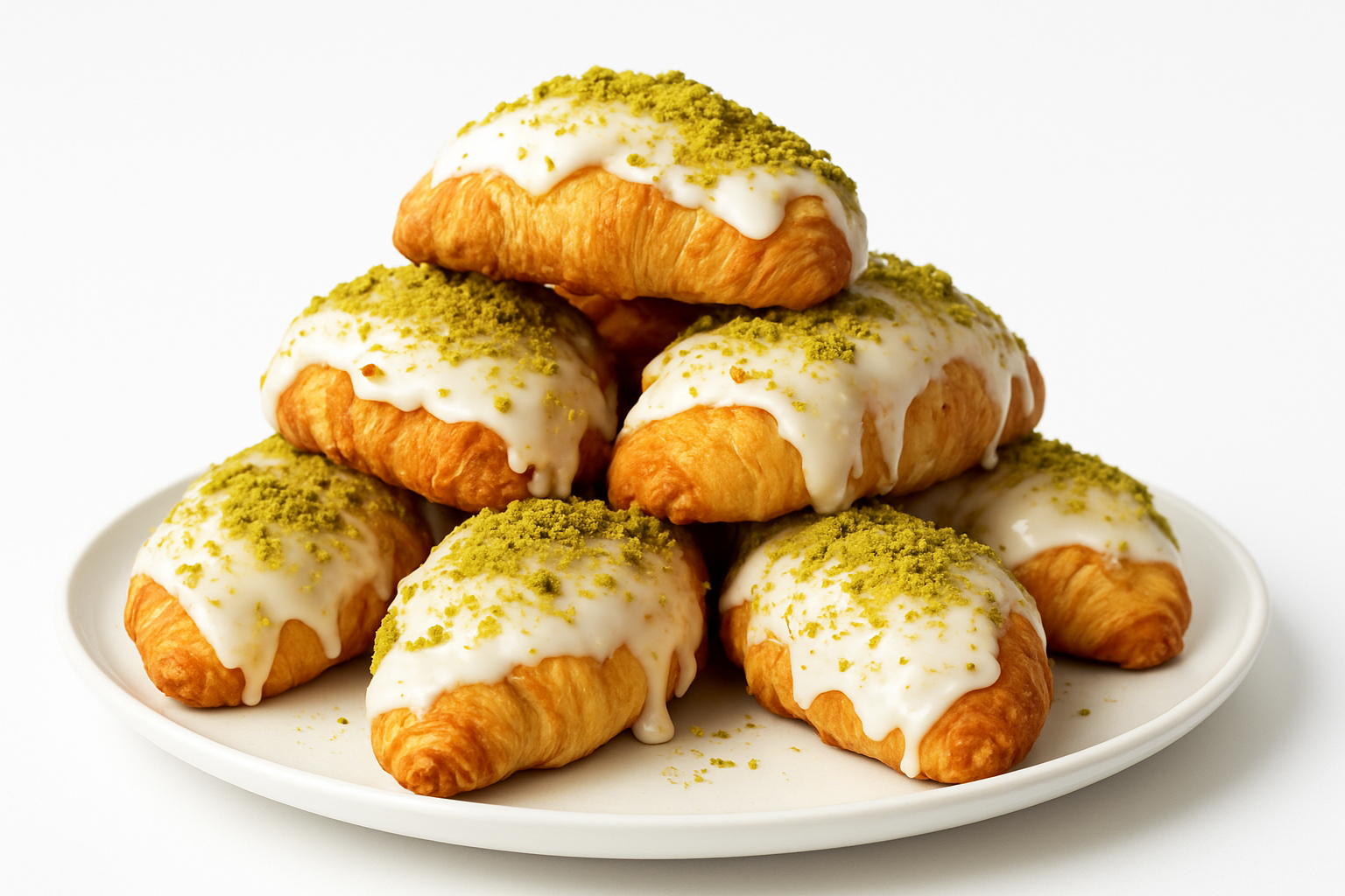 Croissants with white icing and green pistachio on a white plate