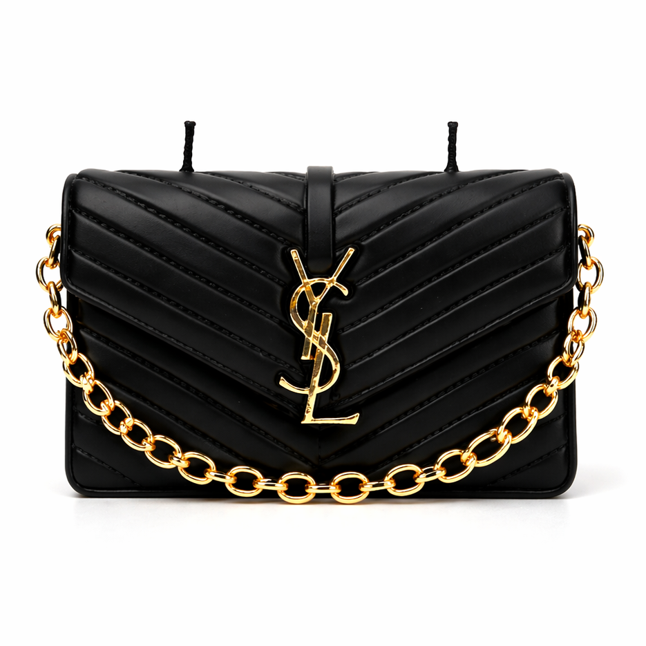 Onali Pure Gold Black Revel luxury black leather handbag with gold hardware detailing