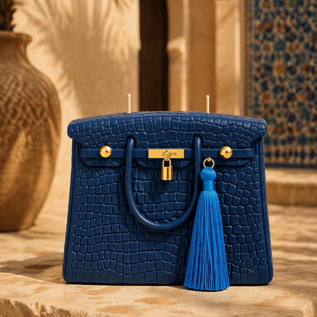 Close-up of the Bleue Iconic sculptural handbag candle by Onali Pure, showcasing its deep blue colour and fashion-inspired silhouette